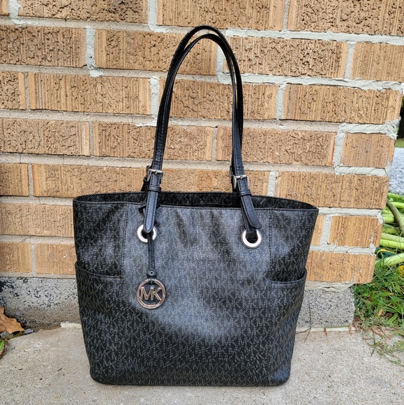Michael Kors Black Gray Signature Canvas Leather Large Tote - Picture 1 of 16